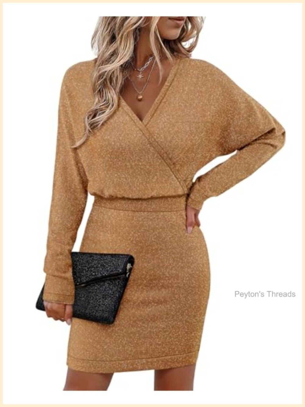 V Neck Batwing Sleeve Sparkly Cocktail Party Sweater Dress Bodycon Midi